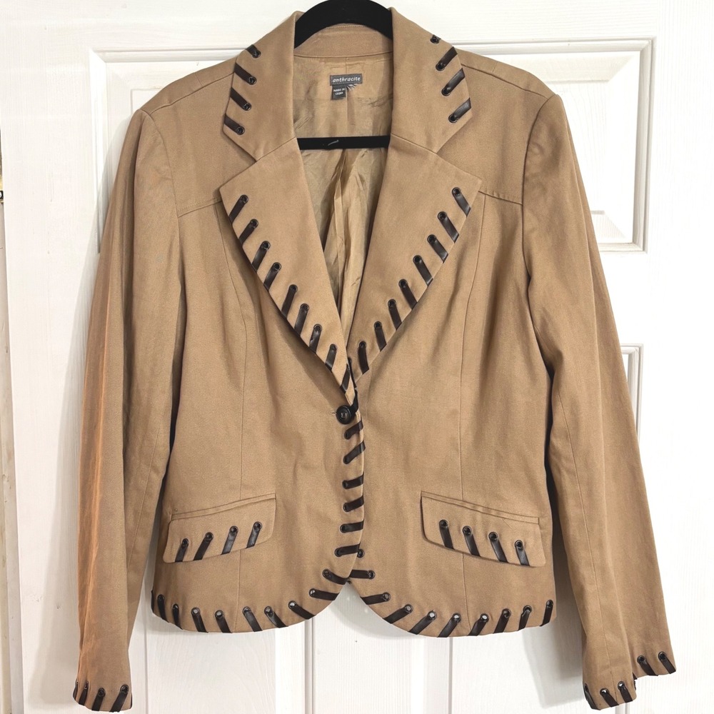 Anthracite Western Blazer Womens L Tan Whipstitch Leather Trim Y2K
